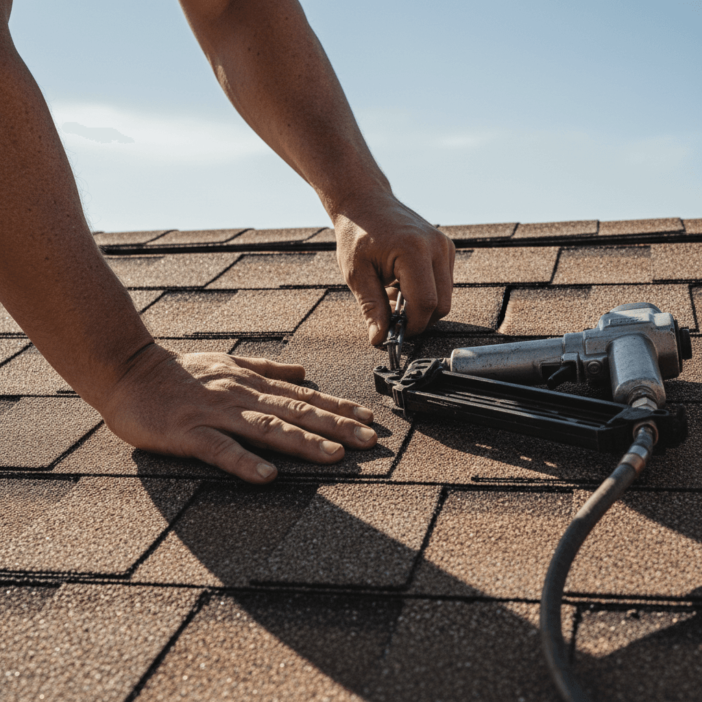 A documentary-style close-up shot of a roofing contractor's hands laying a new asphalt shingle on a residential roof, a nail gun resting on a shingle nearby