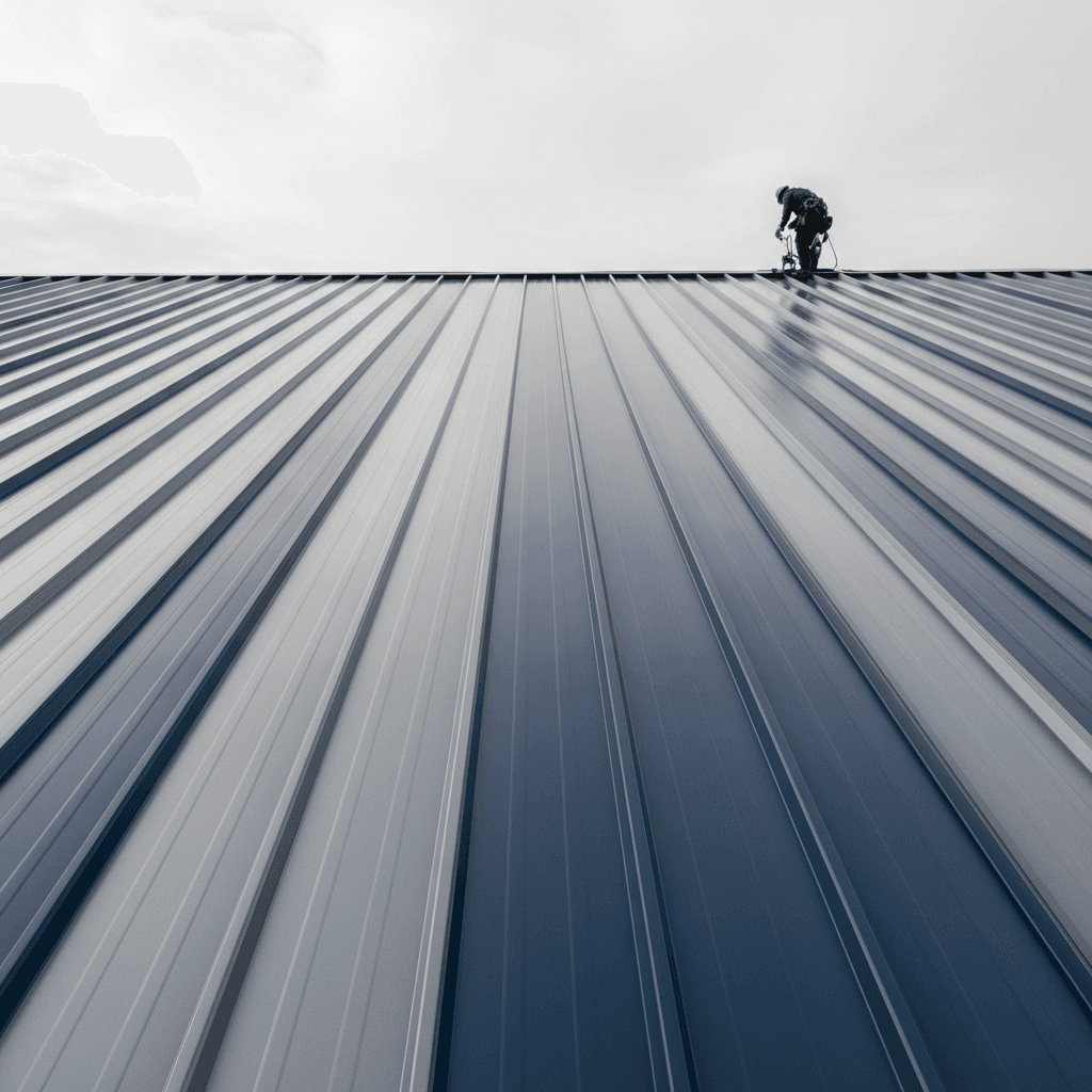 A dramatic low-angle wide shot of a metal roof under installation, showing long, vertical standing seam panels with a roofer in the background securing a panel near the ridge